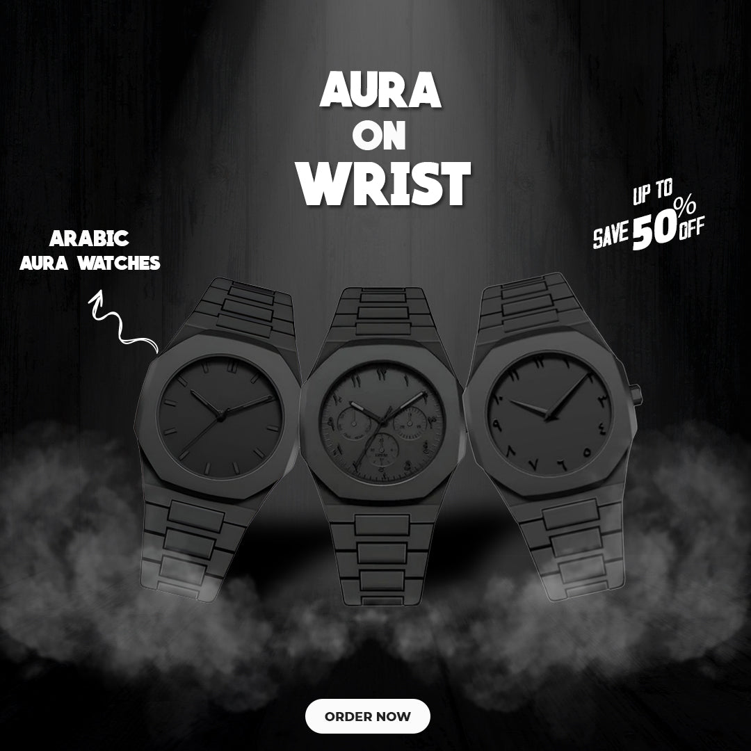 Three black watches on a dark background with promotional text.